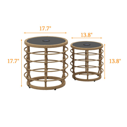 17.7 inch Boho Wood Solar Nesting Tables with Built-in Lights