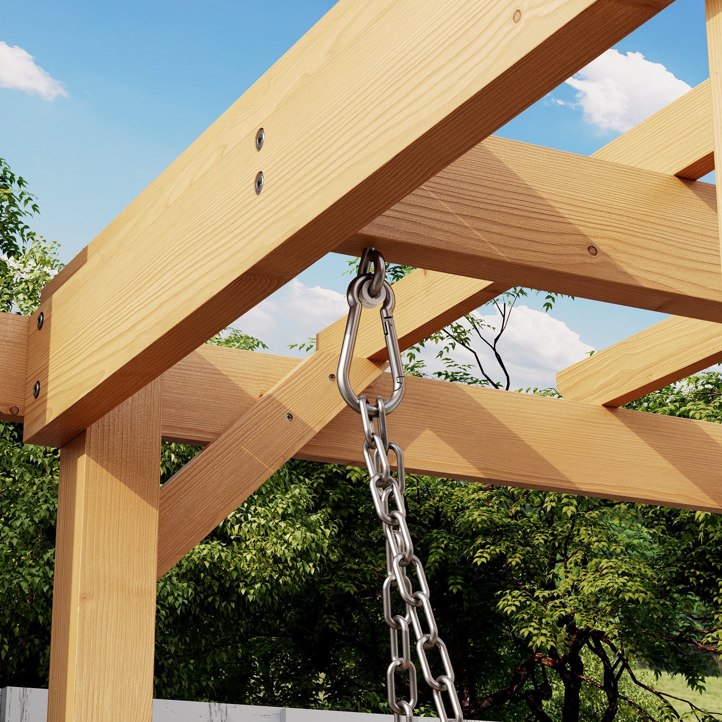 Wooden pergola structure with a metal chain against a blue sky and green trees background