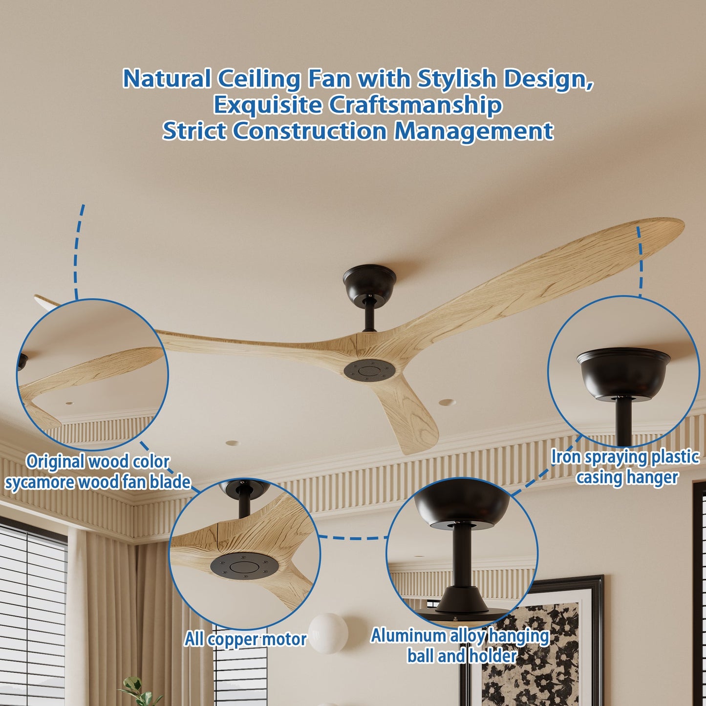 72 inch Modern Brown Ceiling Fan with 3 Wood Blades