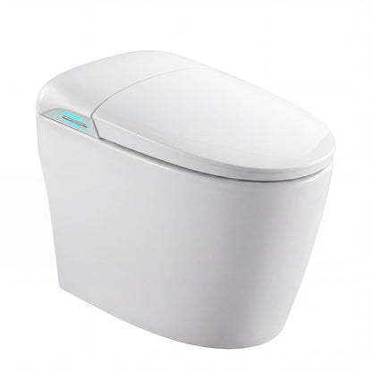 White smart toilet with automatic lid opening, foot kick flush, and foot kick seat opening