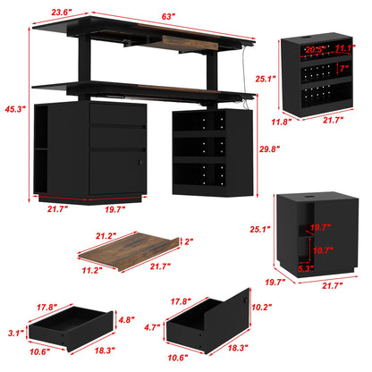 63 inches Modern Black Standing Desk With Electric Height Adjustment and Pegboard Organizer