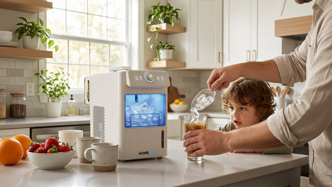 Person pouring a drink into a glass with a child in a modern kitchen, featuring a robot-like device on the counter.