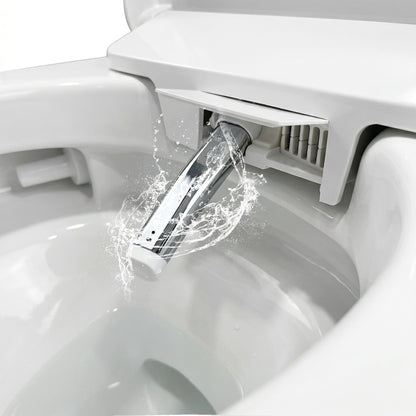 White smart toilet with automatic lid opening, foot kick flush, and foot kick seat opening