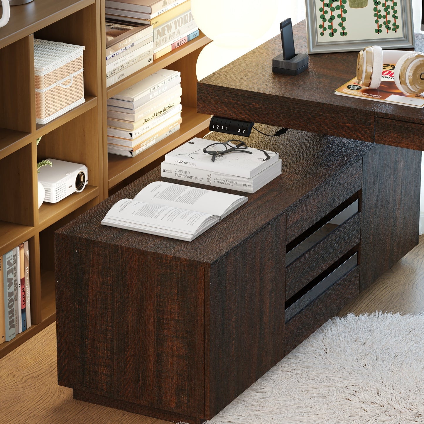 70.9 inches Modern Walnut L-Shaped 3-Drawer Standing Desk with Bookcase