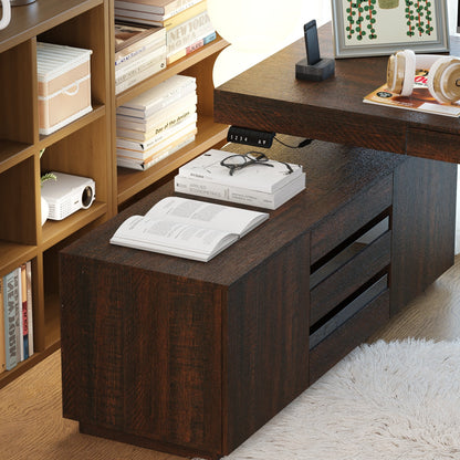 70.9 inches Modern Walnut L-Shaped 3-Drawer Standing Desk with Bookcase