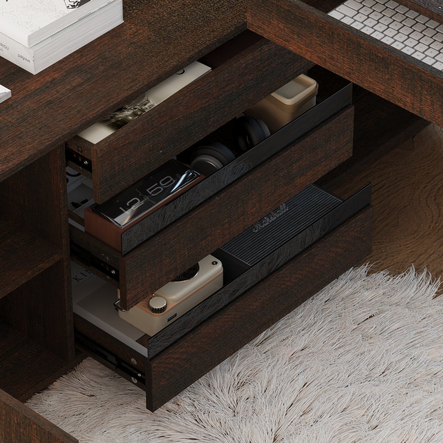 70.9 inches Modern Walnut L-Shaped 3-Drawer Standing Desk with Bookcase