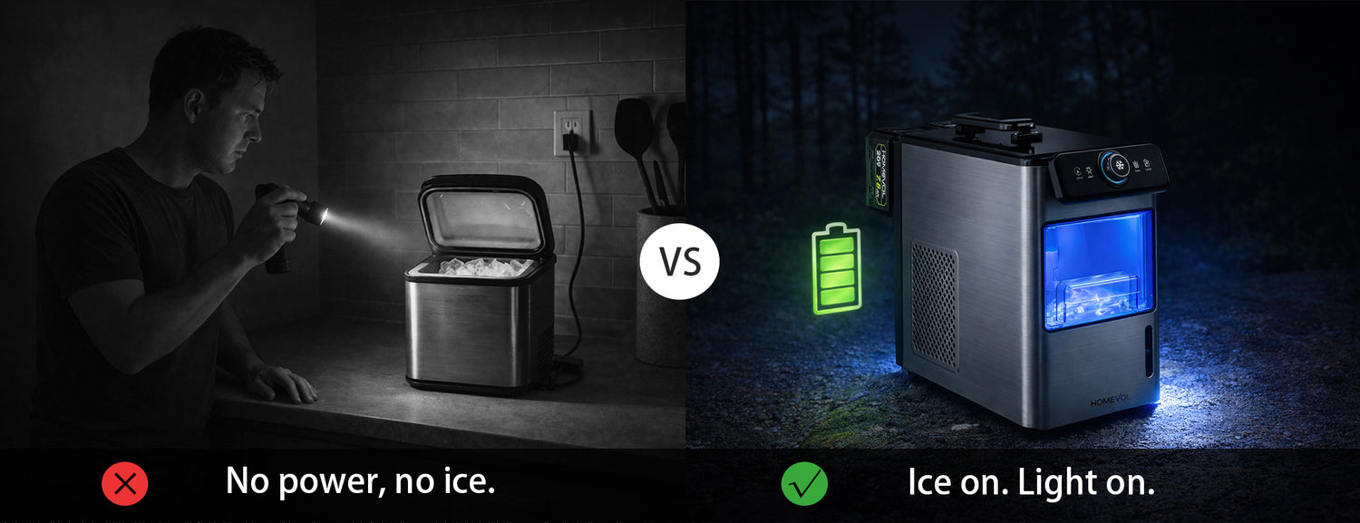Comparison of a portable ice maker with and without power, showing 'No power, no ice.' and 'Ice on. Light on.'