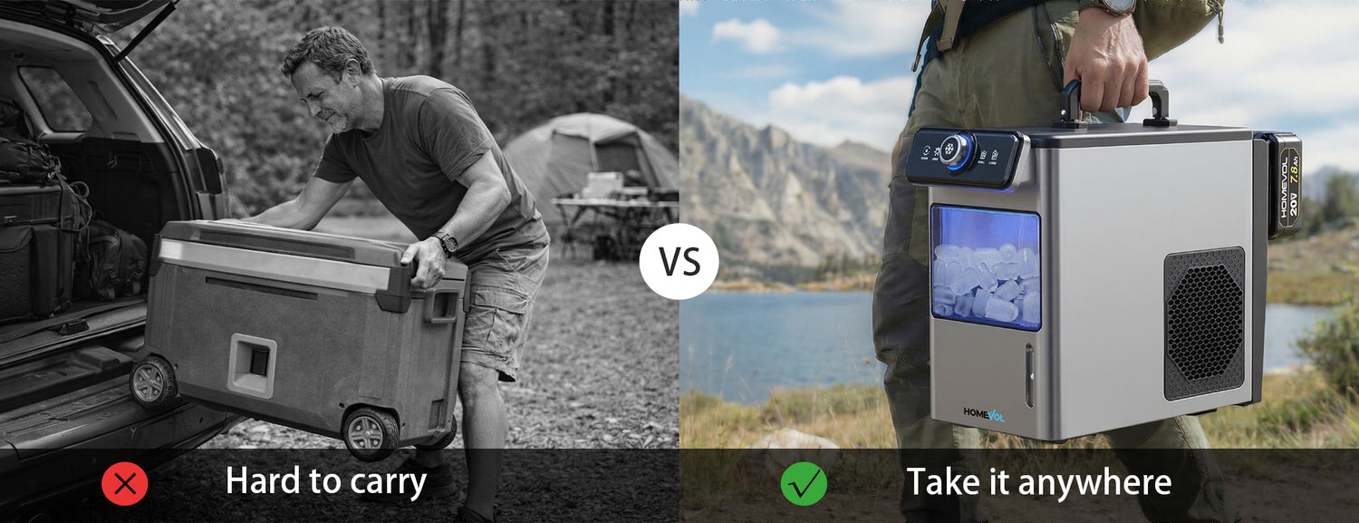 Comparison of a hard-to-carry cooler with a portable electronic device labeled 'Take it anywhere'.