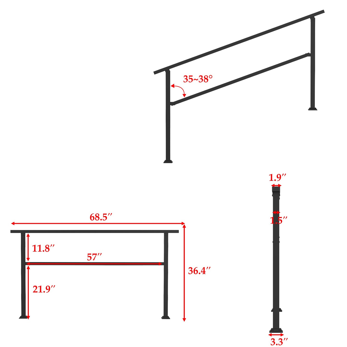 68.5 inch Modern Matte Black Stair Banister (Set of 2)