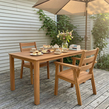Wood outdoor dining set with rectangular table and matching armchairs