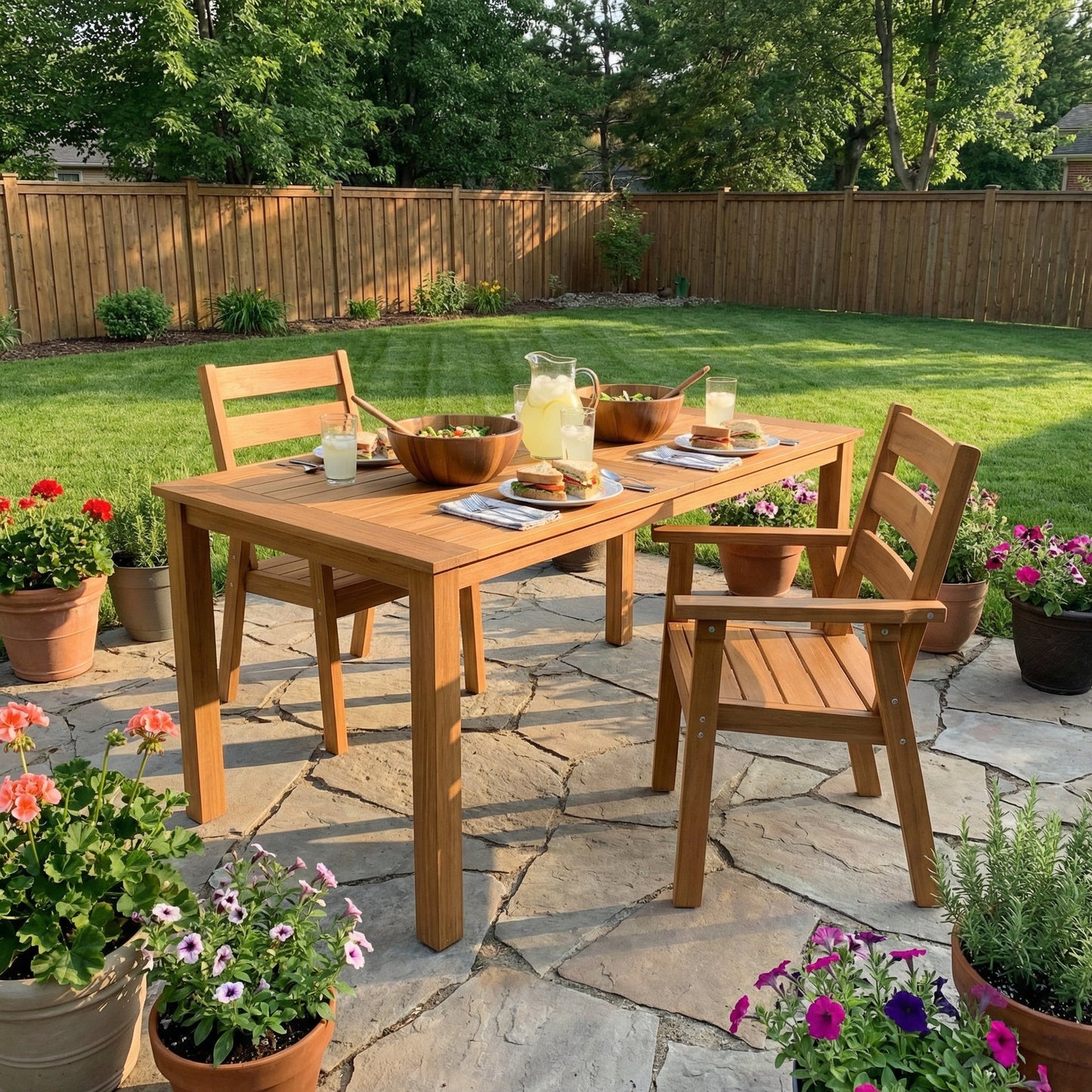 Wood outdoor dining set with rectangular table and matching armchairs