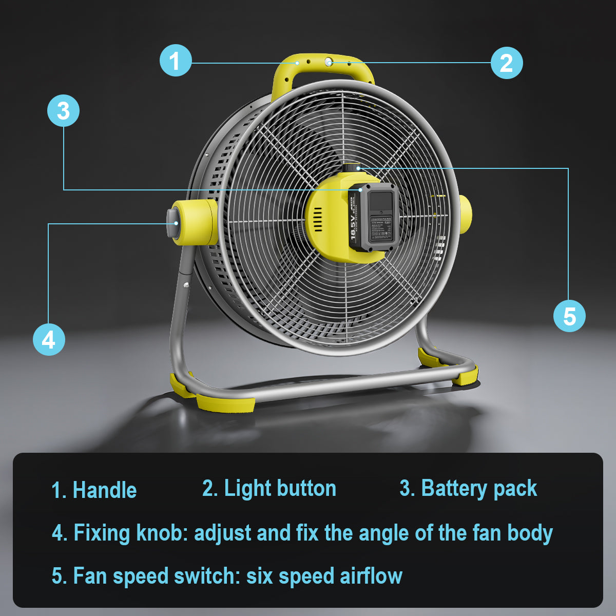 Homevol EVO2 Cordless 6-Speed Lithium Fan with LED Light, Compatible with Dewalt 20V Battery – Neon Yellow