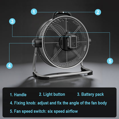 Homevol EVO2 Cordless 6-Speed Lithium Fan with LED Light, Compatible with Dewalt 20V Battery – Classic Black