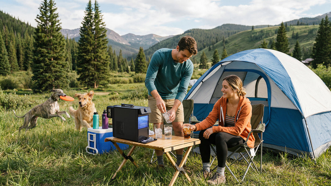 Man and woman camping in a scenic outdoor setting with a tent, cooler, and dogs.