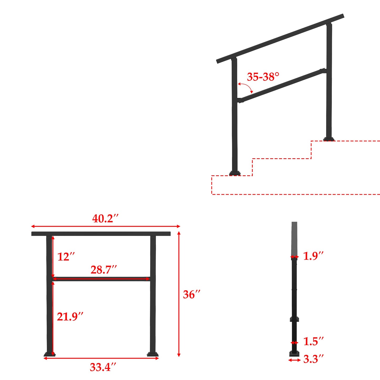 68.5 inch Modern Matte Black Stair Banister (Set of 3)