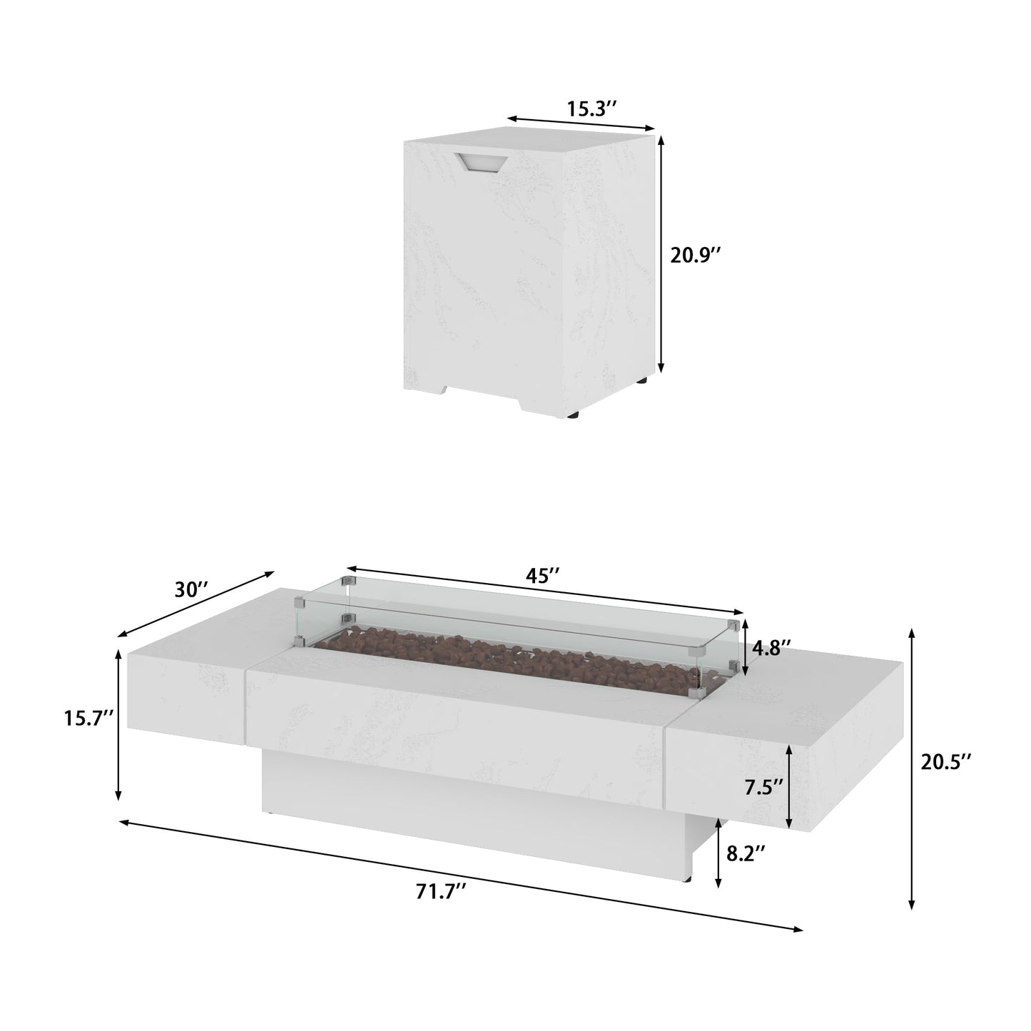 White fire pit table with dimensions on a white background