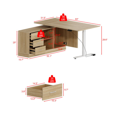63 inches Modern Minimalist White Standing Desk With 3 Drawers, 2 Exterior Shelves, Electric Lift