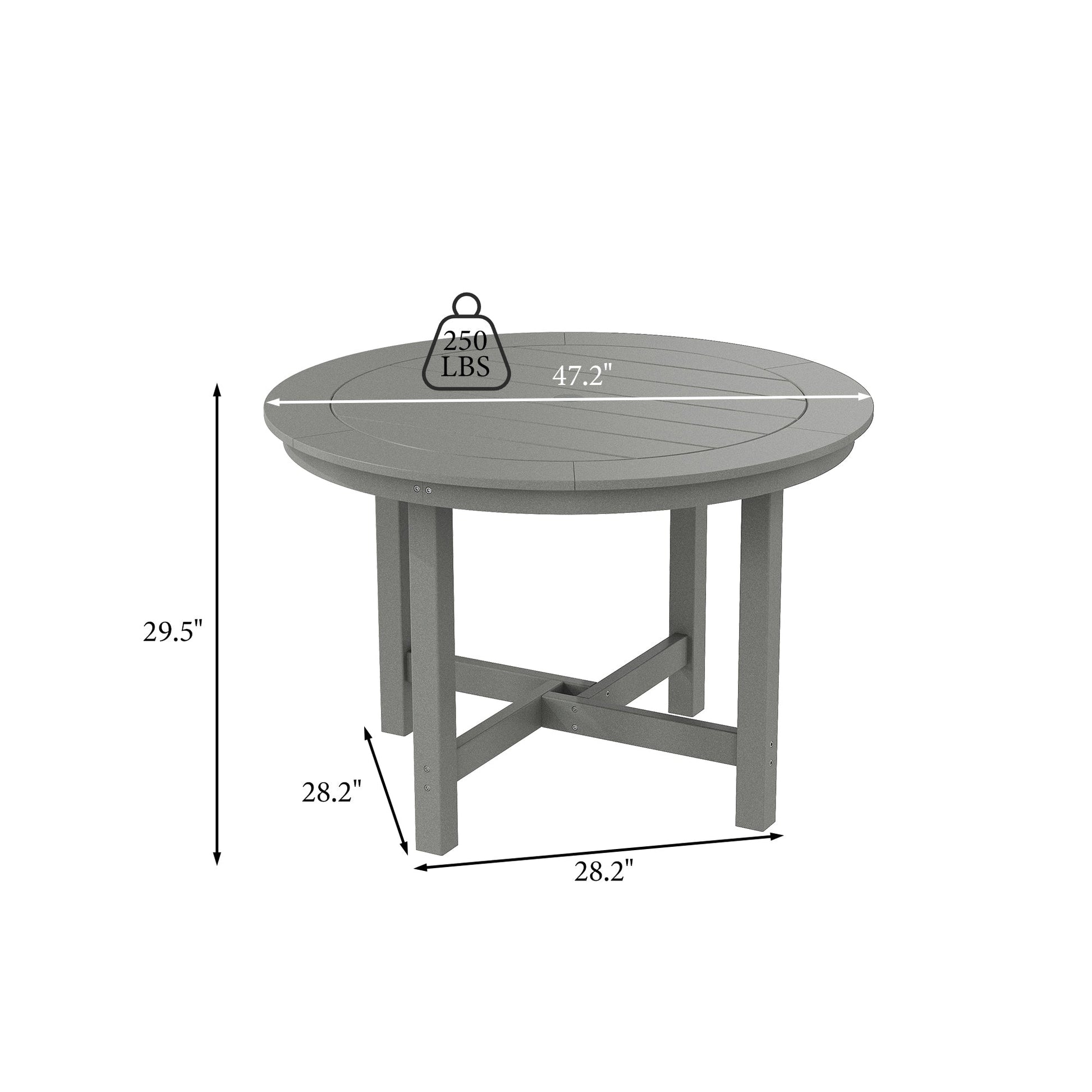 Gray round table with measurements on a white background