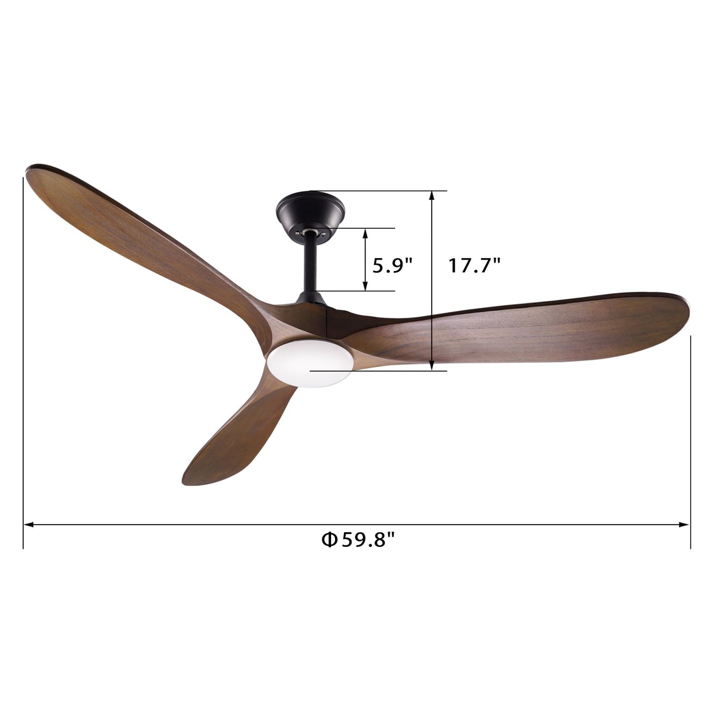 59.8 inches Modern Minimalist Ceiling Fan with Lights, Remote Control, 3 Reversible Wood Blades and 2 Down Rods