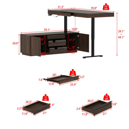 70.9 inches Modern Walnut L-Shaped 3-Drawer Standing Desk with Bookcase