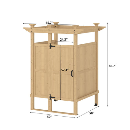 Wooden outdoor storage shed with dimensions labeled on a white background