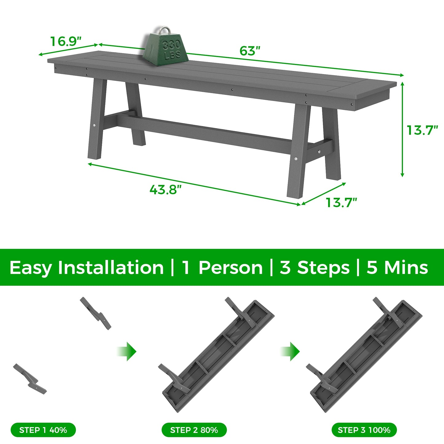 Gray workbench with dimensions and installation steps on a white background