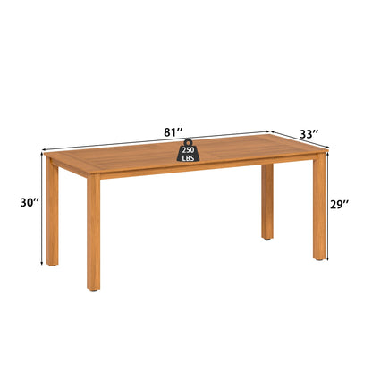 Wooden table with dimensions and weight capacity indicated on a white background