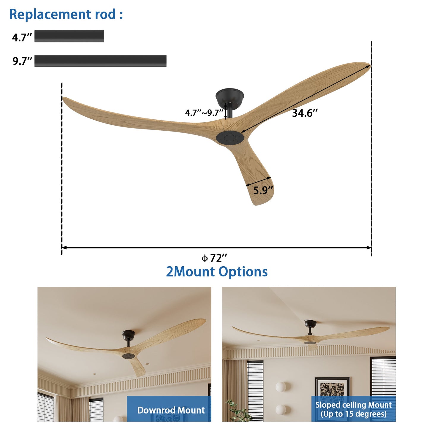 72 inch Modern Brown Ceiling Fan with 3 Wood Blades