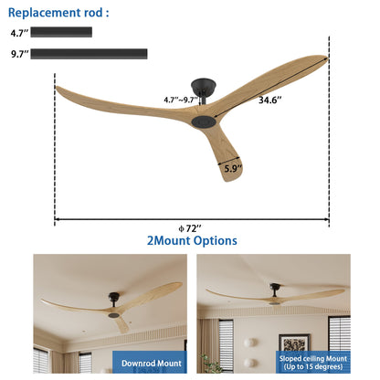 72 inch Modern Brown Ceiling Fan with 3 Wood Blades