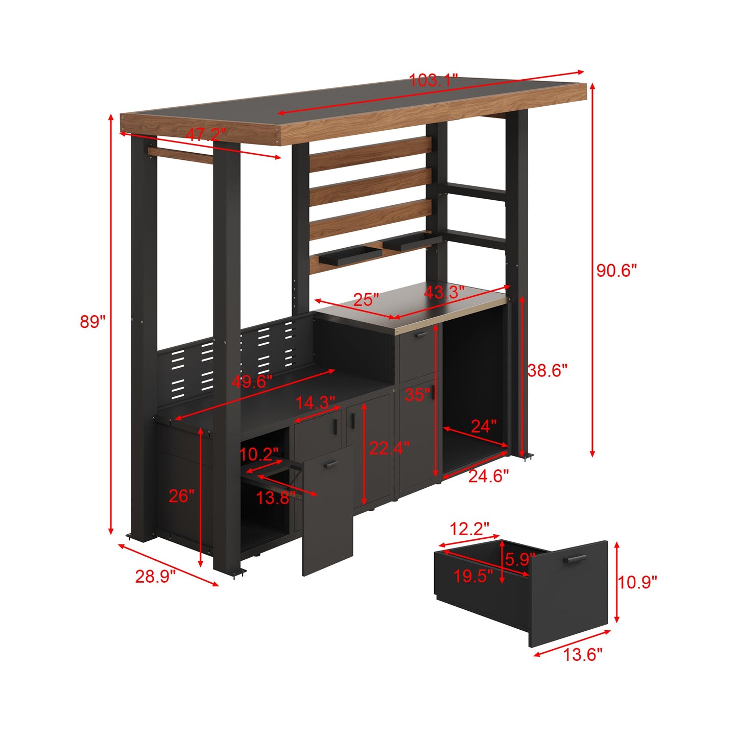 Dimensions of a black and brown desk with shelves and drawers on a white background