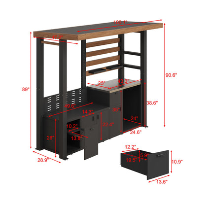 Dimensions of a black and brown desk with shelves and drawers on a white background