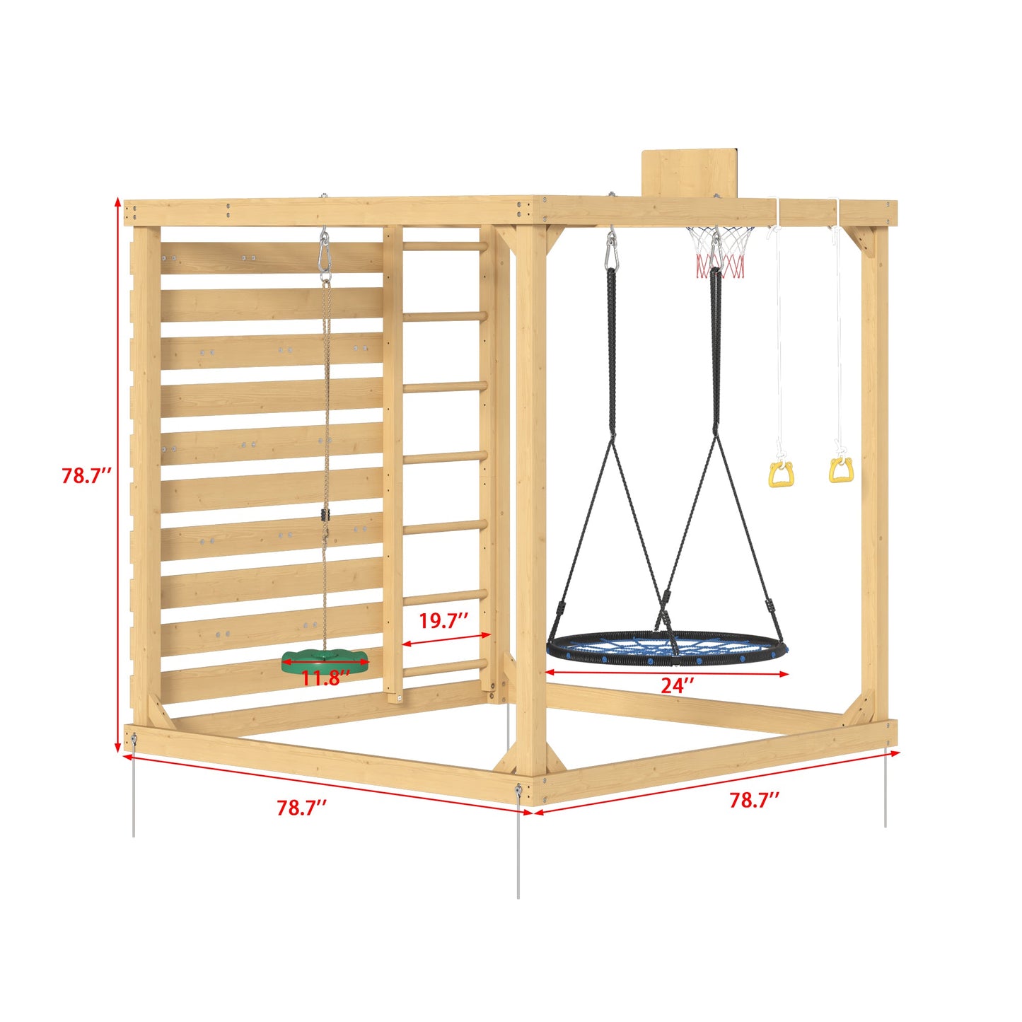 Wooden play structure with measurements on a white background