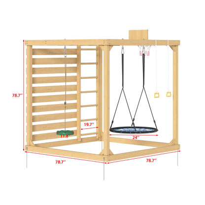 Wooden play structure with measurements on a white background