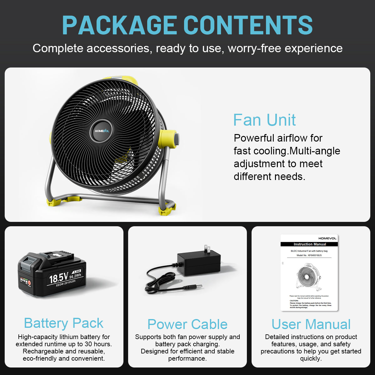Homevol EVO2 Cordless 6-Speed Lithium Fan with LED Light, Compatible with Dewalt 20V Battery – Neon Yellow