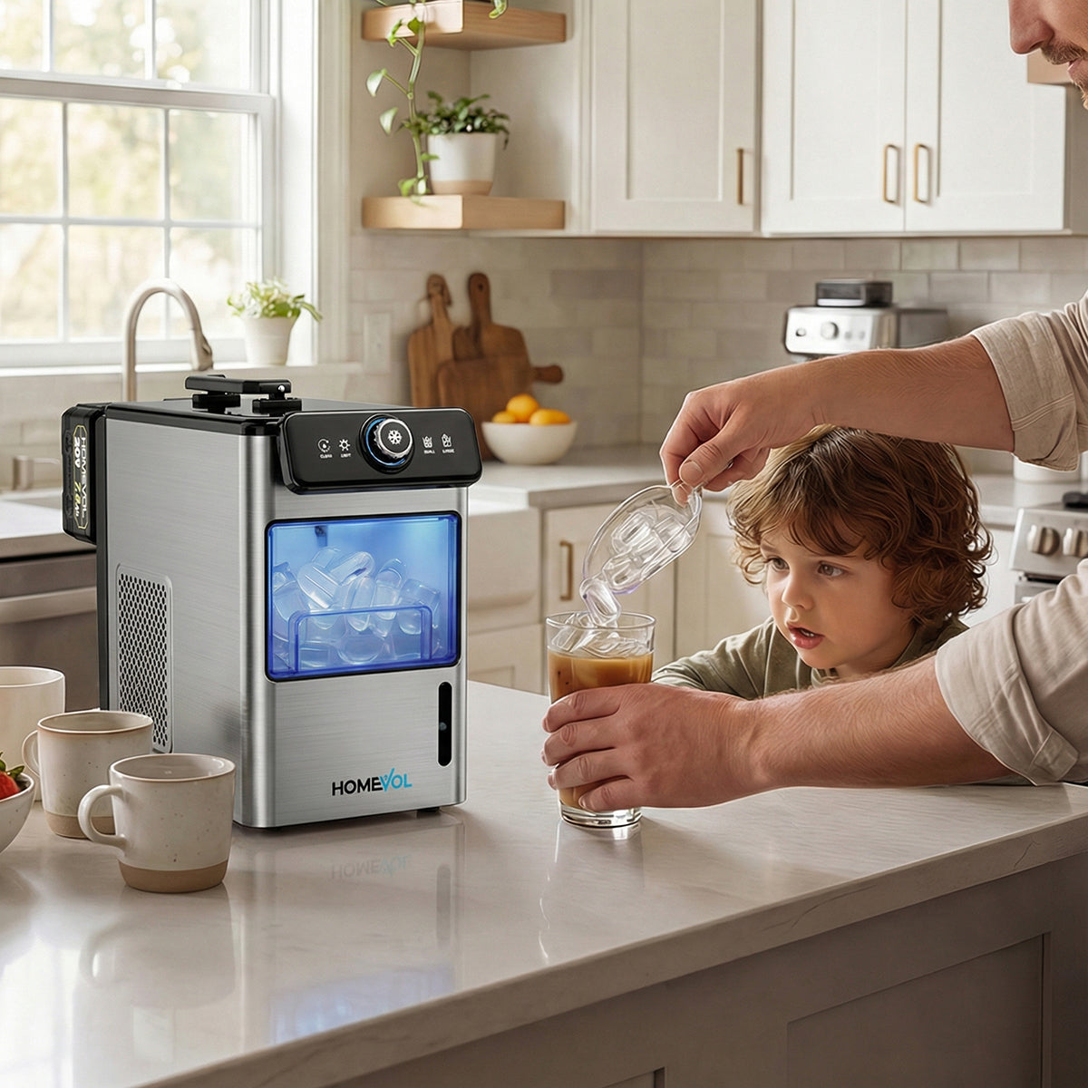 Homevol EVO1 Corded & Battery Powered Ice Maker with Self-Cleaning - Stainless Silver