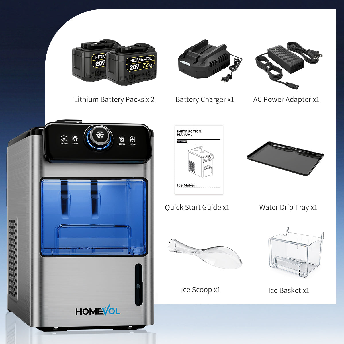 Homevol EVO1 Corded & Battery Powered Ice Maker with Self-Cleaning - Stainless Silver