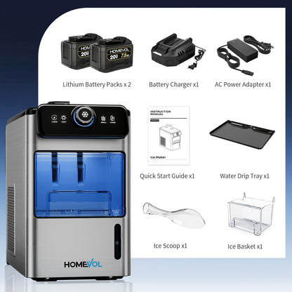 Homevol EVO1 Corded & Battery Powered Ice Maker with Self-Cleaning - Stainless Silver