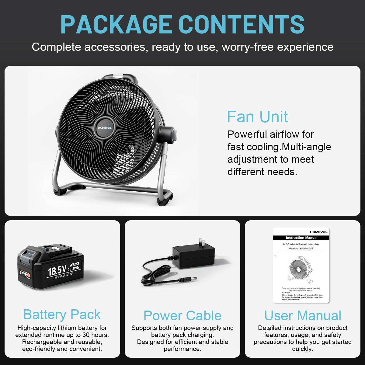 Homevol EVO2 Cordless 6-Speed Lithium Fan with LED Light, Compatible with Dewalt 20V Battery – Classic Black