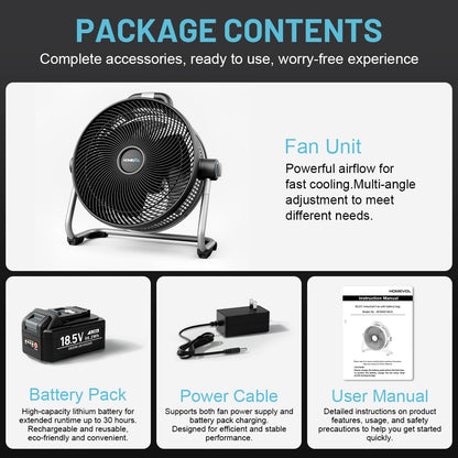 Homevol EVO2 Cordless 6-Speed Lithium Fan with LED Light, Compatible with Dewalt 20V Battery – Classic Black