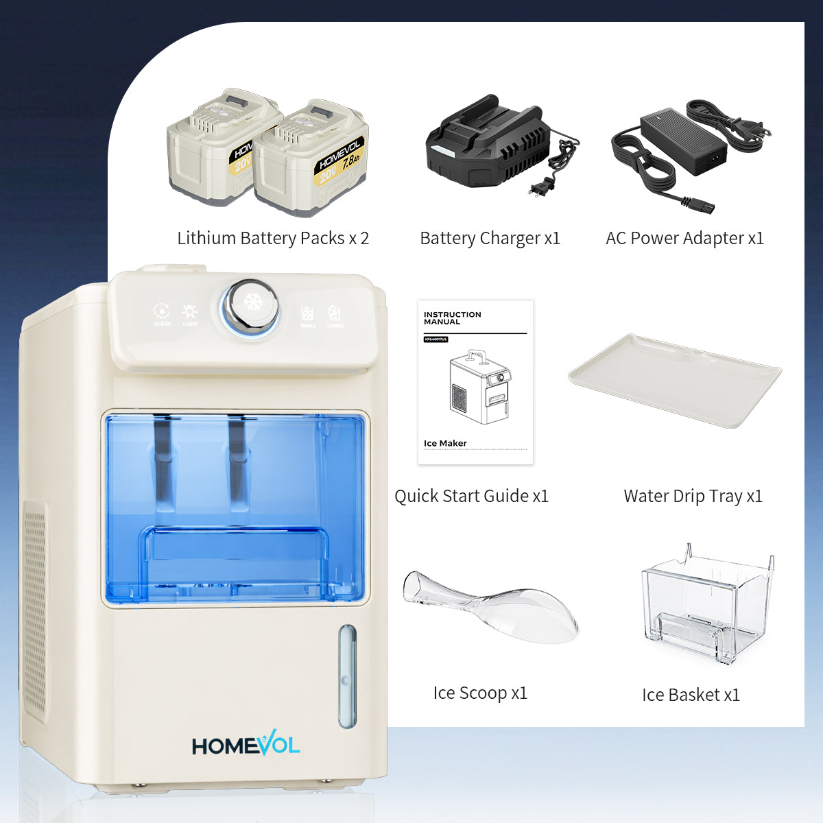 Homevol EVO1 Corded & Battery Powered Ice Maker with Self-Cleaning - Cream White
