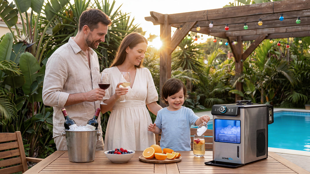 Family by a poolside with a portable ice maker on a table