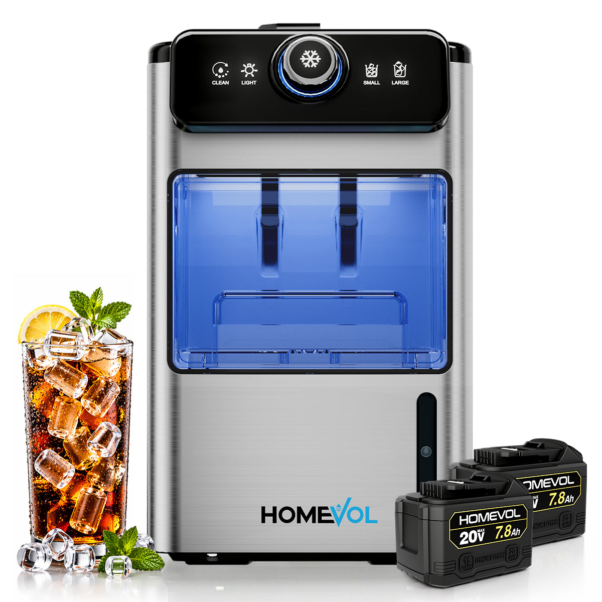 Homevol EVO1 Corded & Battery Powered Ice Maker with Self-Cleaning - Stainless Silver
