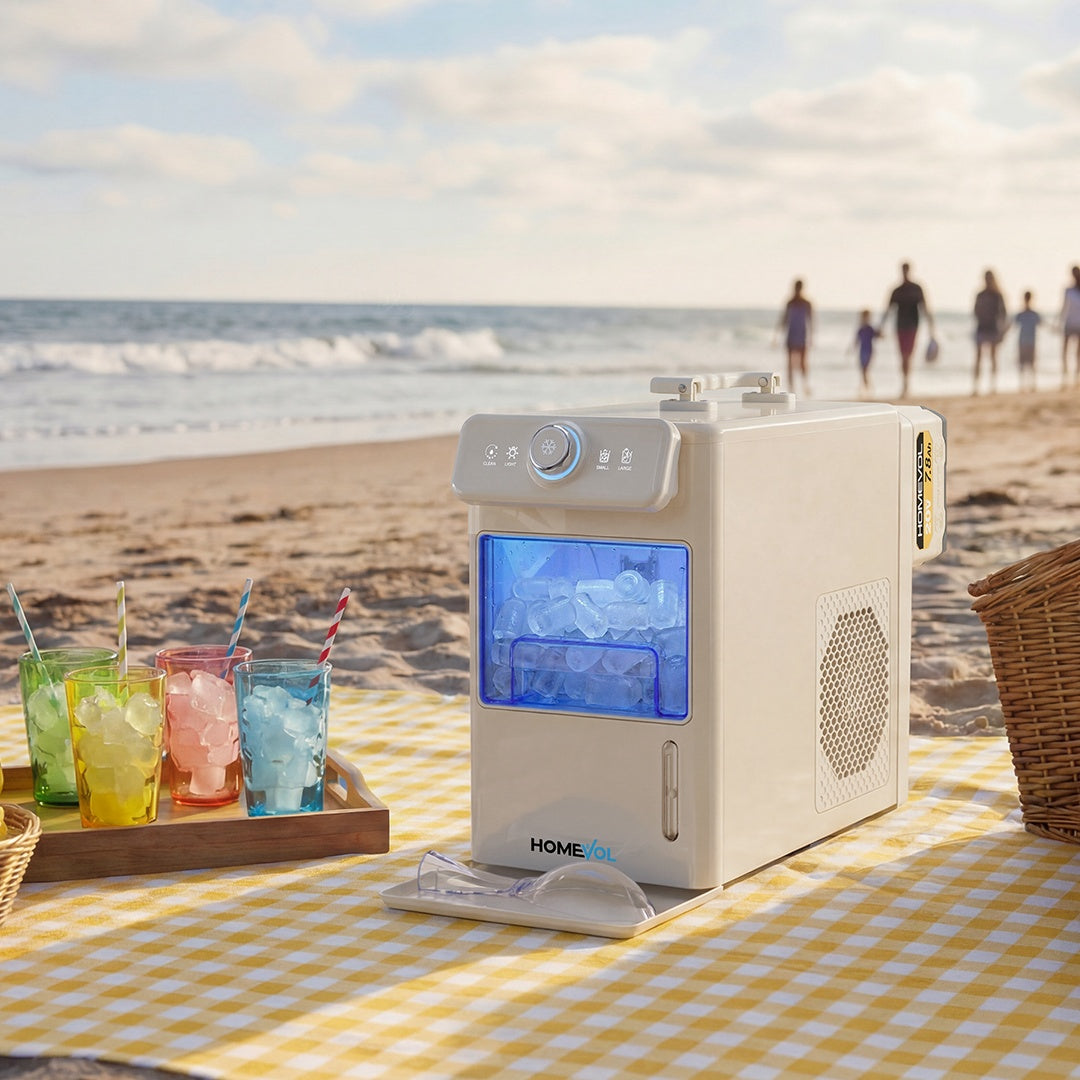 Homevol EVO1 Portable Ice Maker – Cordless Rechargeable & AC Powered, Self-Cleaning, 5.5H Runtime, Cream White