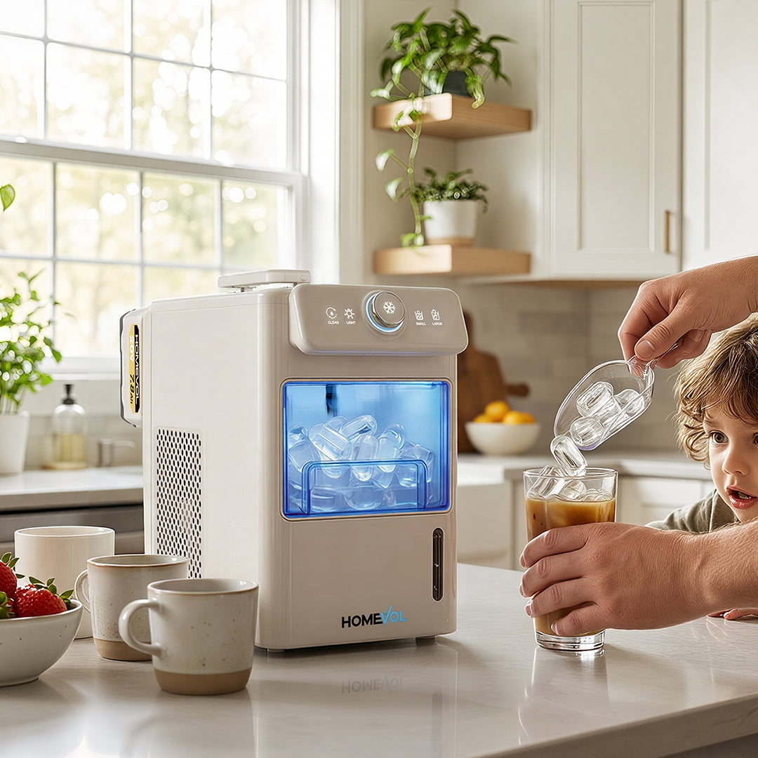 Homevol EVO1 Portable Ice Maker – Cordless Rechargeable & AC Powered, Self-Cleaning, 5.5H Runtime, Cream White