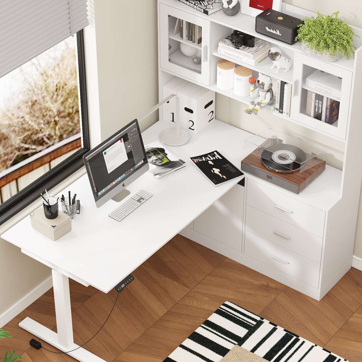 68.5 inches Modern White Standing Desk with Bookcase